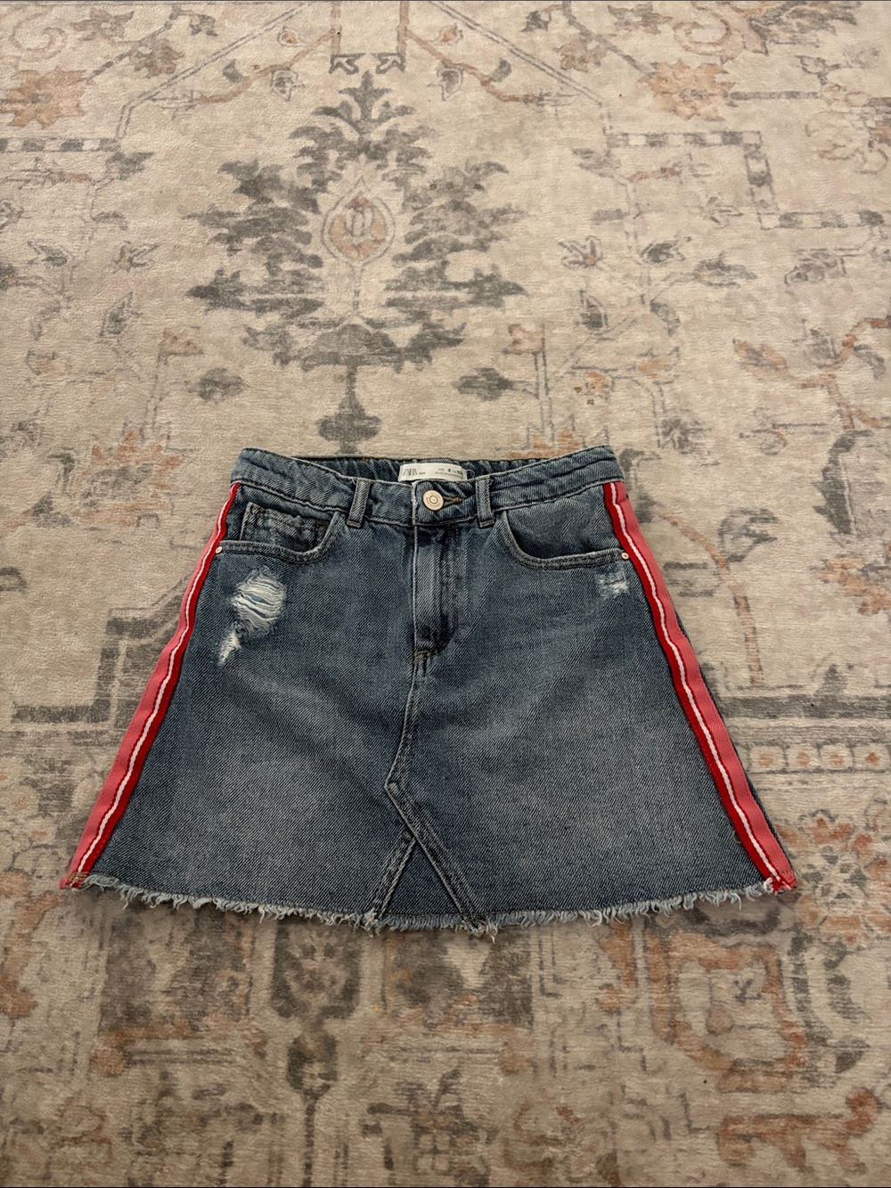 Zara Girls Denim Mini Skirt with Red Side Stripe